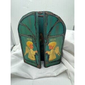 Vintage Handmade Folding Triptych Green Gold Painted Wood Joseph Mary Baby Jesus